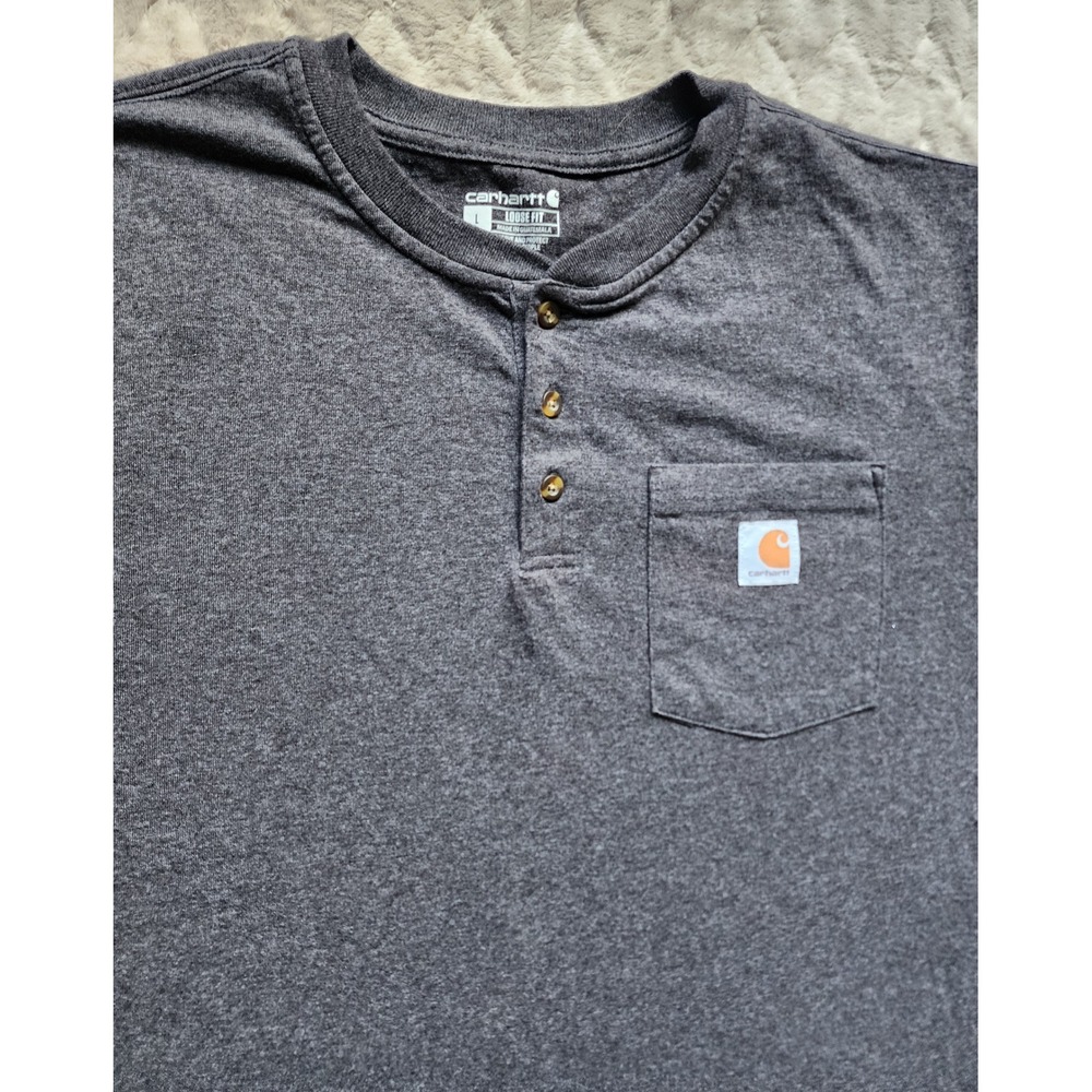 Carhartt Mens Loose Fit Long Sleeve Henley 3 Button Pocket T-Shirt Gray Large L